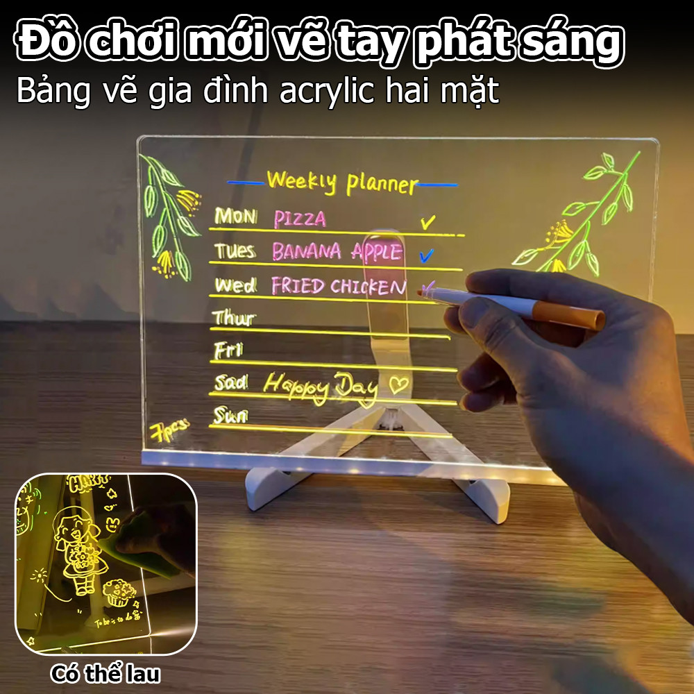 Bảng vẽ LED cho trẻ em, Bảng ghi chú LED kèm bút 7 màu, Bảng vẽ dạ quang cho bé gái và bé trai, có thể lau chùi