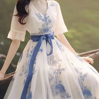 Váy trà hoa phong cách Pháp dành cho nữ, kiểu dáng cổ điển mới, tinh tế, tôn dáng eo, cổ chữ V, váy dài vừa