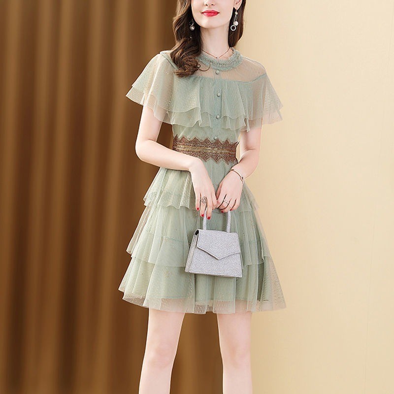 Váy Liền Phối Ren Lưới Mẫu Mới Mùa Hè Váy Bánh Bèo Nữ Cổ Tích Tôn Dáng