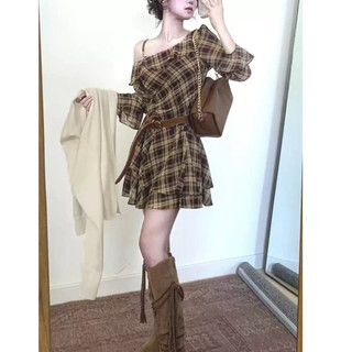 Váy Nữ trẻ trung thanh lịch lệch vai kẻ caro kiểu pháp, tặng kèm thắt lưng cho mùa hè
