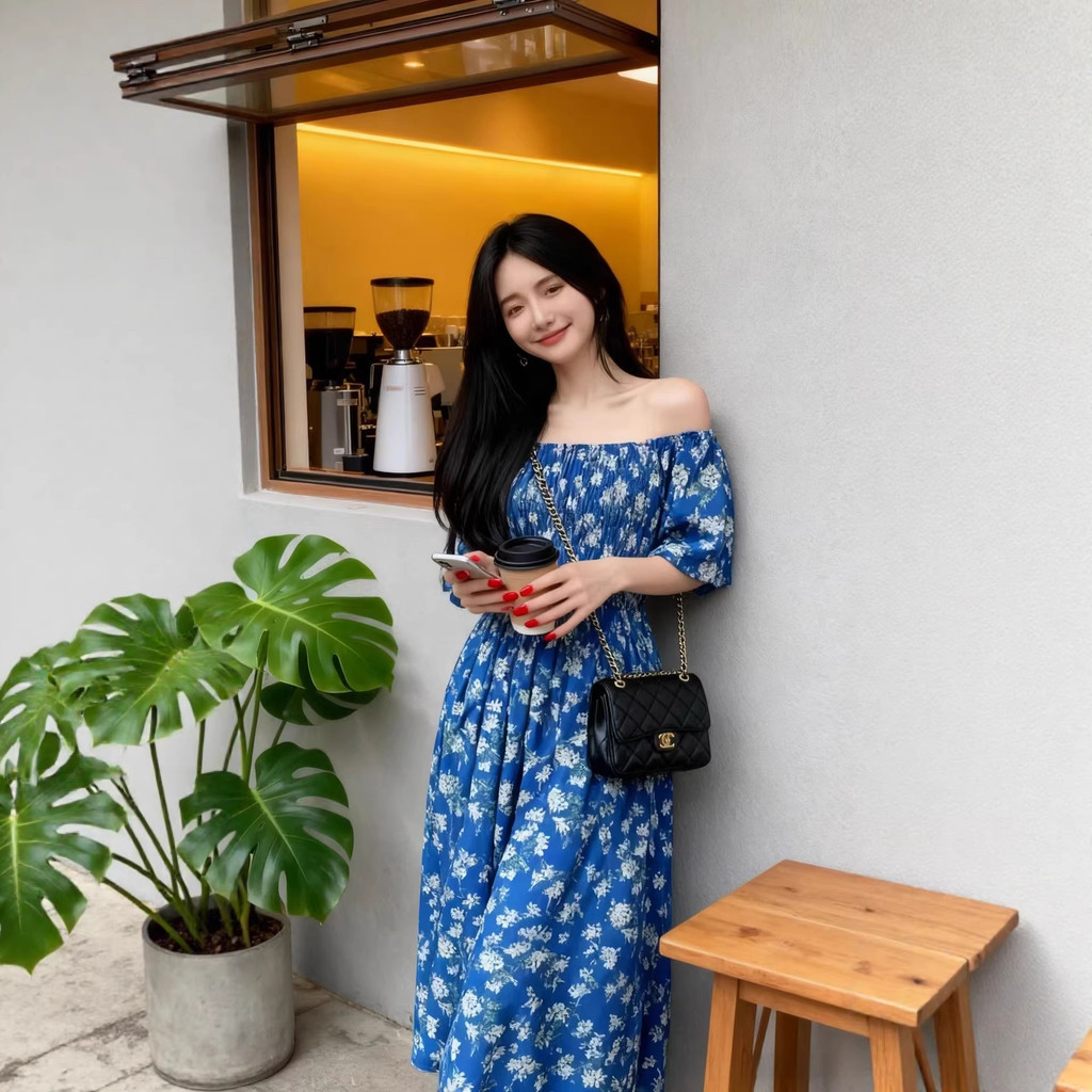 [Hàng có sẵn] Đầm nữ xinh xắn chất lượng cao Skinny French Trumpet Tay áo cổ chữ V in họa tiết mùa hè Váy công chúa xếp nếp cho nữ