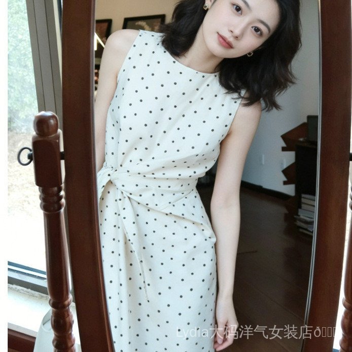 Đầm vest nữ mùa hè chất lượng cao, không tay, họa tiết chấm bi với thiết kế dây eo nhỏ và dáng dài chữ A