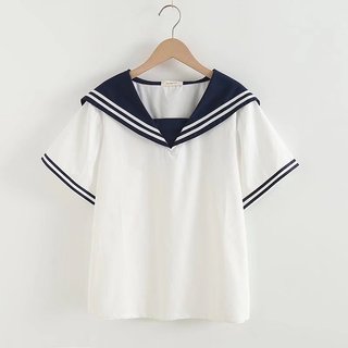 Áo sơ mi nữ cotton ngắn tay, cổ hải quân, họa tiết sọc ngọt ngào