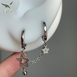 VRZ - Bông tai màu bạc hình ngôi sao với dây xích đôi, xu hướng thời trang Y2K