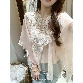 Áo blouse voan phối ren nặng, đính cườm, phong cách Pháp mùa hè thanh lịch cho nữ