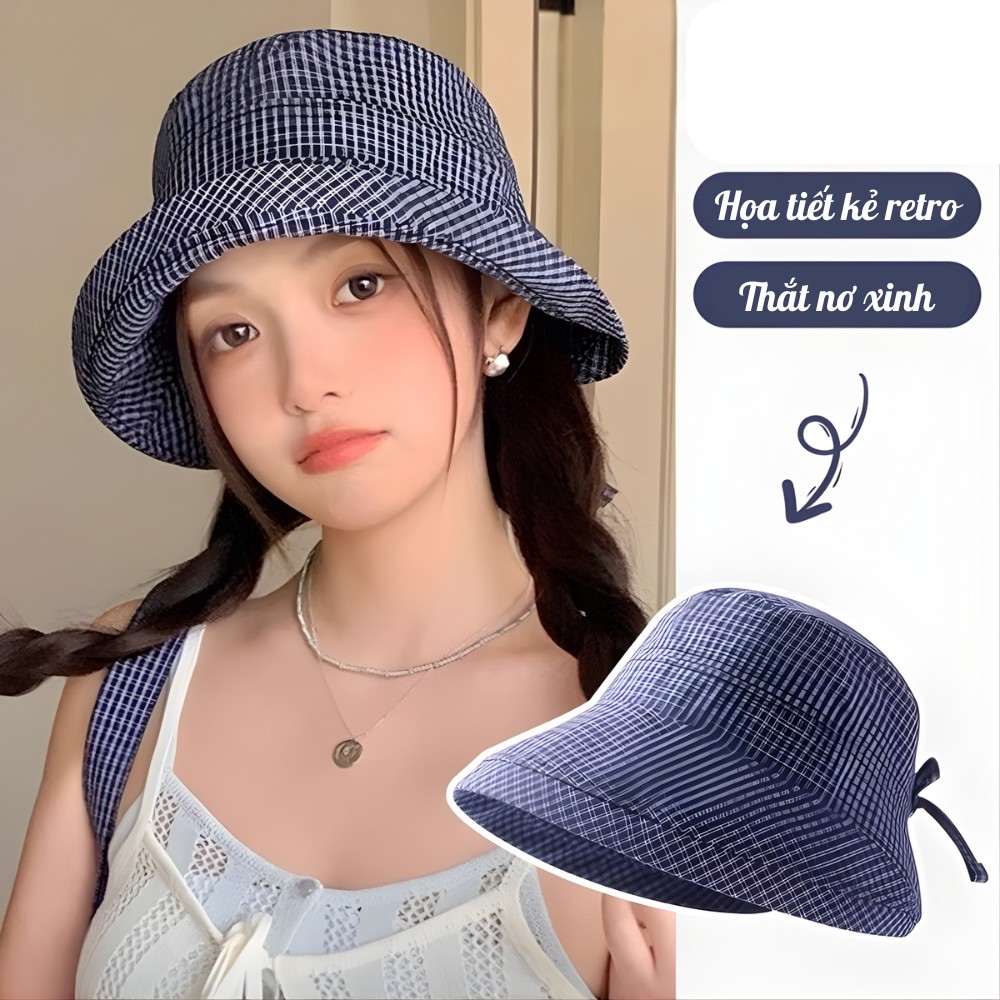 Mũ Bucket Kẻ Caro Retro RICHOUSE Phối Nơ Xinh Xắn Phong Cách Tiểu Thư Thời Trang Mùa Hè