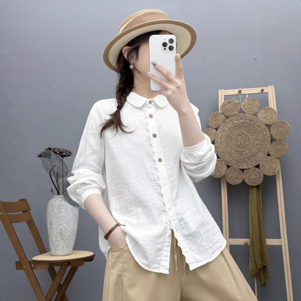 Áo sơ mi nữ thu đông mới, 100% cotton chất lượng cao, cổ tròn màu trơn tay dài, thiết kế đơn giản và thoải mái