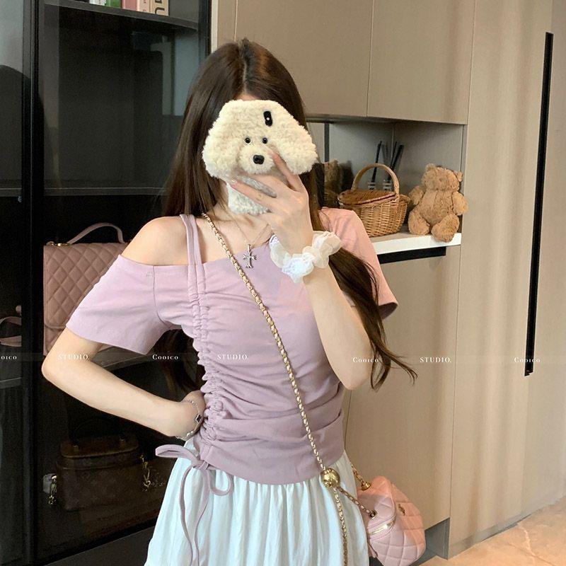 Dây rút tay ngắn mùa hè 2025, phong cách lệch vai trendy
