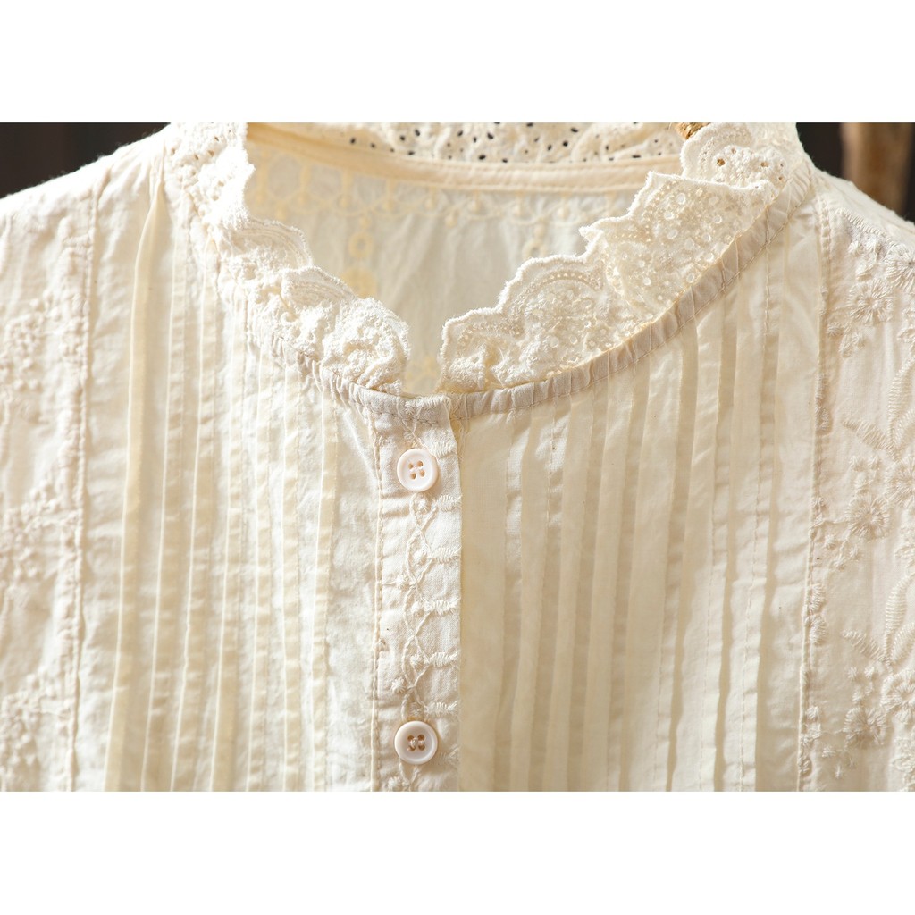 Áo sơ mi nữ Standing Collar màu be và xanh, ren thêu, họa tiết xếp ly từ nhãn hiệu uy tín, made from pure cotton