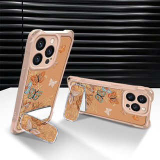 Bướm Thêu Thích Hợp Cho 13pro Ốp Điện Thoại 17pro Phong Cách Mới 1615 Chân Đế 14 Vàng 12 Vỏ Mềm Bốn Góc Dây Da Hạt