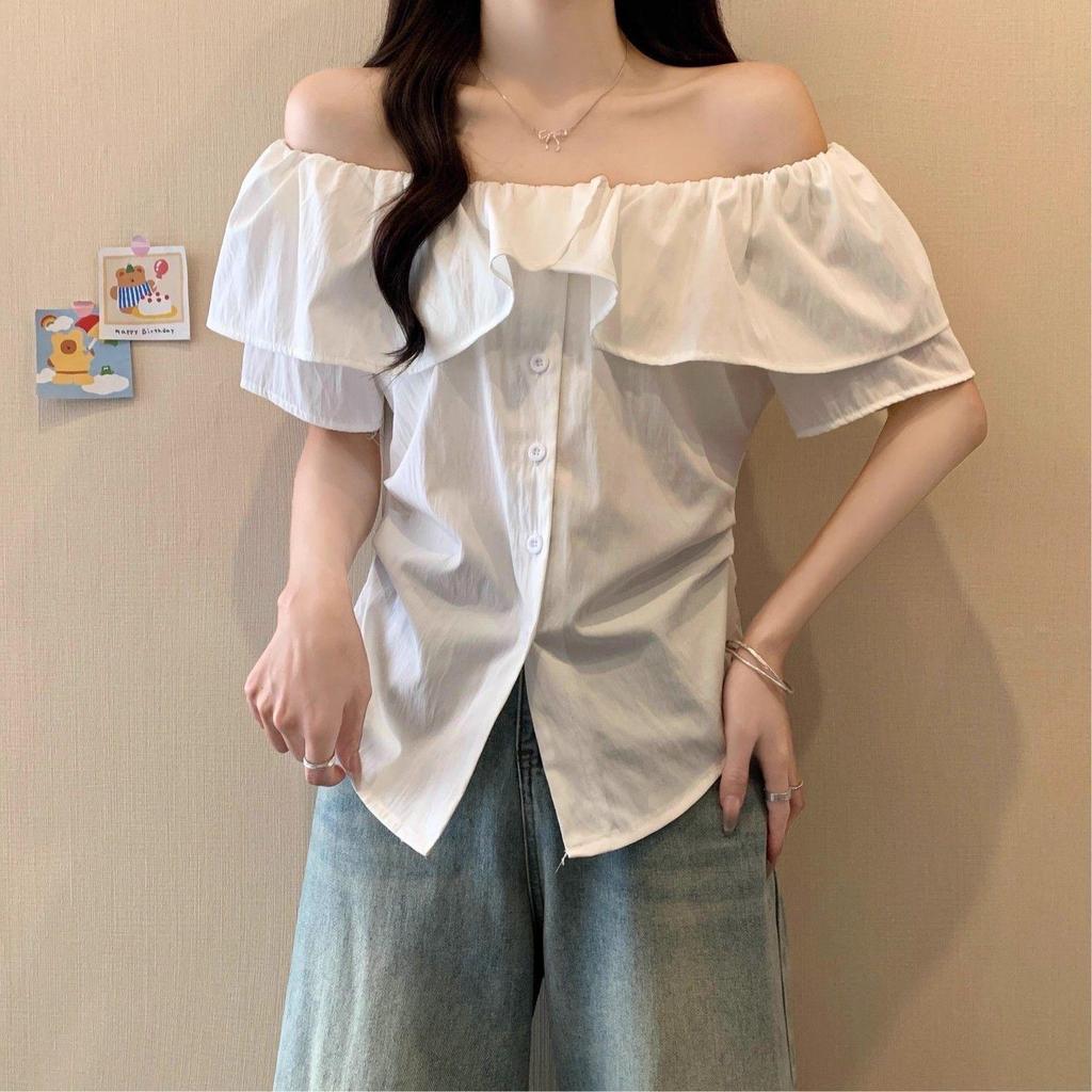 Áo sơ mi ngắn tay cổ chữ V kiểu Pháp, thiết kế nữ tính, phù hợp mùa hè