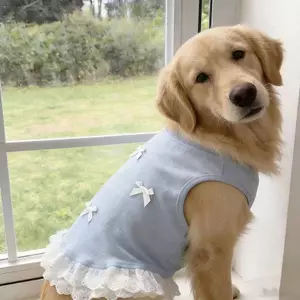 【Ready Stock】 Large Dog Golden Retriever Labrador Pet Dog Clothes Spring and Summer Light Blue Bow Lace Pet Vest Dress bsrz