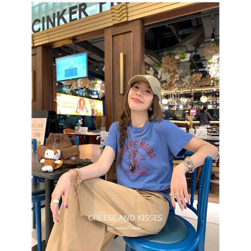 [Mặc nhỏ dễ thương] Áo thun ngắn tay in hình chim cánh cụt màu xanh mùa hè Slim-Fit Slimer Look Top Hợp thời trang