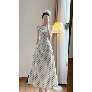 Váy cổ thuyền họa tiết chấm bi dáng xòe chất chéo hàn quốc, Váy Cổ Thuyền Chấm Bi Tiểu Thư