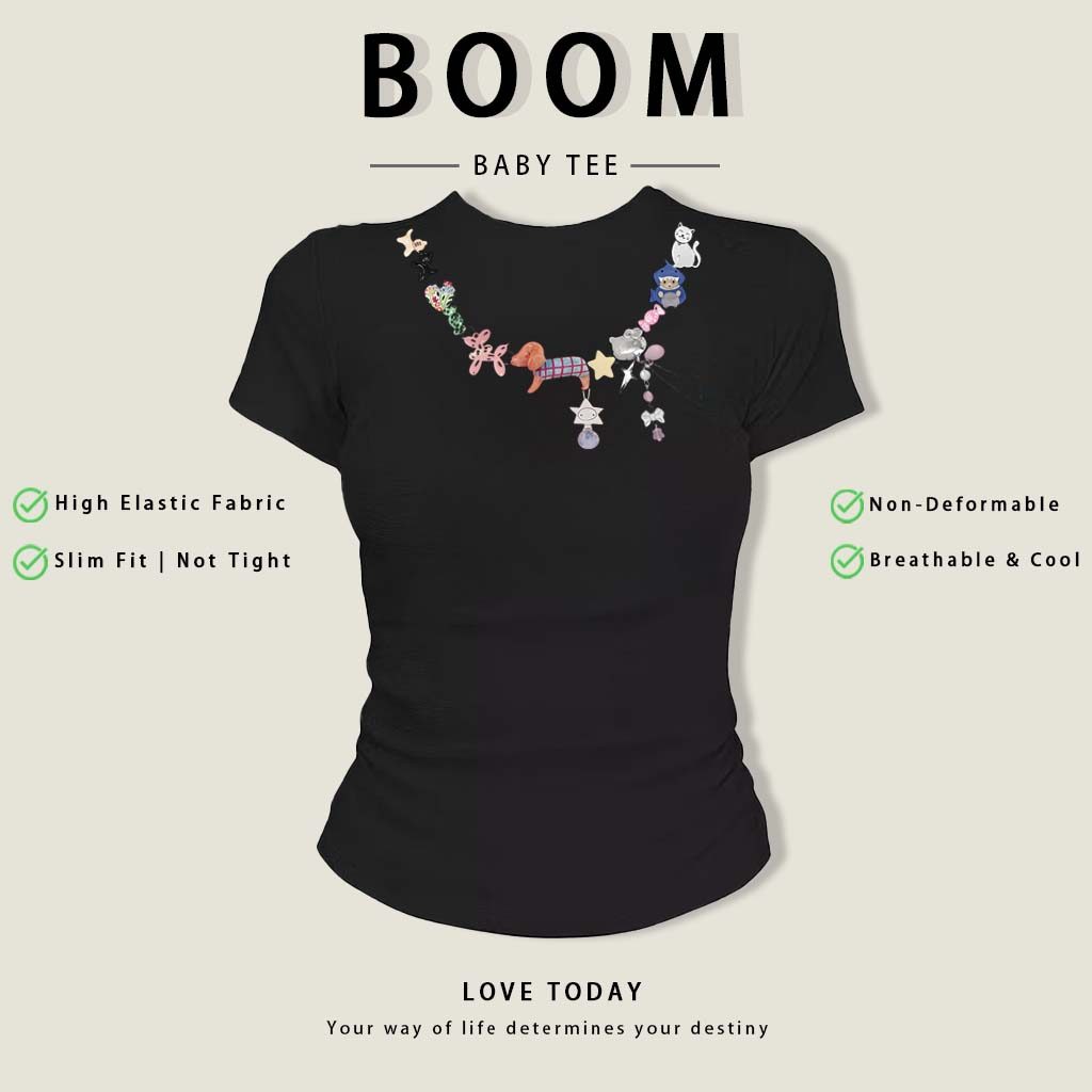 BOOM Áo Baby Tee Nữ Cotton Ôm Body-Áo Thun Ngắn Tay Y2K In Hình PhongCách Mùa Hè, Cổ Tròn Hàng Đầucách hàn quốc phongW25