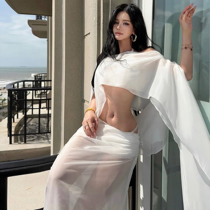 CuteNew Bộ Bikini Lưới Thanh Lịch 3 Mảnh Cho Nữ: Áo Kéo Dài Quai + Váy Du Lịch