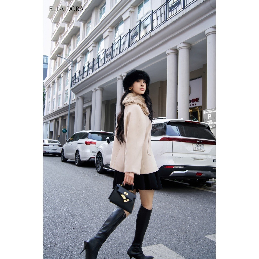 Áo khoác nữ ELLA DORA dạ cashmere thiết kế cổ lông tháo rời form A thanh lịch sang trọng [K09]