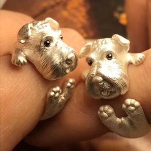 Thiết Kế Ban Đầu Handmade Schnauzer Puppy Động Vật Nhẫn Mở Nhẫn Kẻ Sọc Cặp Đôi Chữ Miễn Phí Tanabata