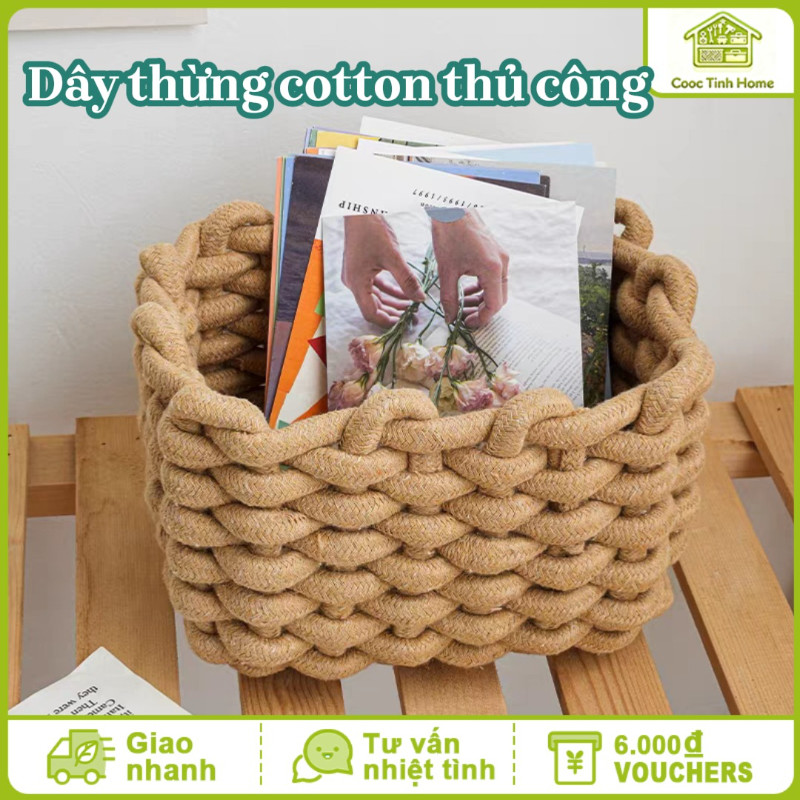 Giỏ Đựng Đồ Bằng Dây Cotton Dệt - Phong Cách Vintage Đa Dụng, Hoàn Hảo Để Bàn Trang Trí, Đựng Đồ Nhỏ Hoặc Mang Đi Picnic