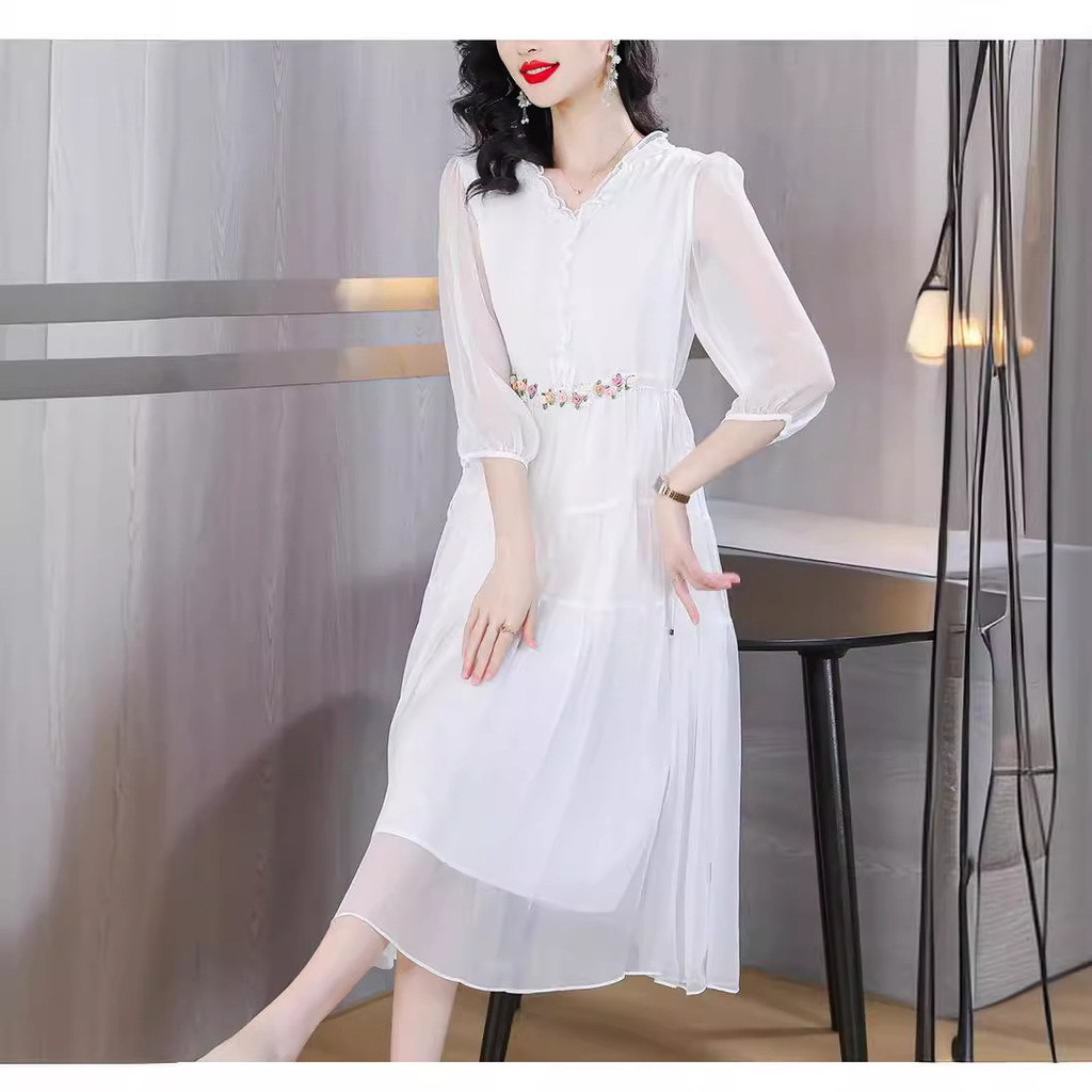 Đầm nữ cỡ lớn với thiết kế ôm eo thời trang, cổ áo xếp ly, tay áo ba phần tư, phong cách mùa hè mới,đầm dài vừa