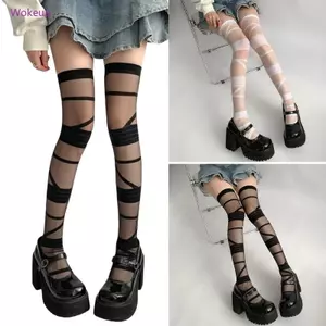 Tất lưới nữ Nhật Bản thanh lịch, thiết kế crisscross trên đầu gối, chất liệu sheer mỏng nhẹ