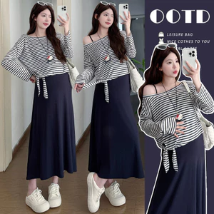 Bộ đồ bà bầu mùa hè top kem chống nắng và váy đeo chéo drape hai mảnh