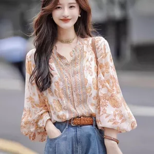 Áo sơ mi hoa dài tay dành cho nữ, thiết kế mới với chất liệu voan cao cấp kiểu Pháp