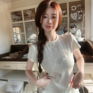 Nova-Áo Thun Ngắn Tay Ren Ren Đơn Giản Jacquard Phiên Bản Hàn Quốc