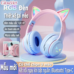 Tai nghe Bluetooth tai mèo, có đèn LED, chip Bluetooth 5.1, có thể gập lại, dùng cho chơi game, học tập và trực tuyến.