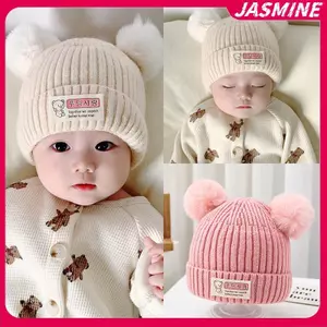 JASMINE Mùa Đông Trẻ Em Ấm Áp Mũ Dệt Kim Cho Bé Có Pompom Trẻ Em Đan Mũ Beanie Màu Trơn Mũ Trẻ Em Cho Bé Trai Bé Gái Phụ Kiện JASMINE