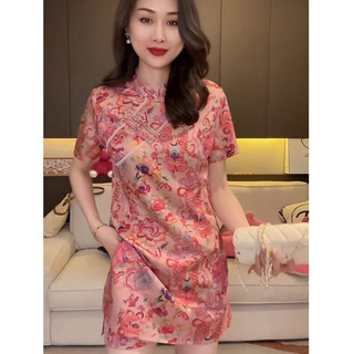 Bộ đồ mùa hè mới dành cho nữ: áo ngắn tay cổ đứng, in họa tiết satin, ôm eo và quần short cạp cao