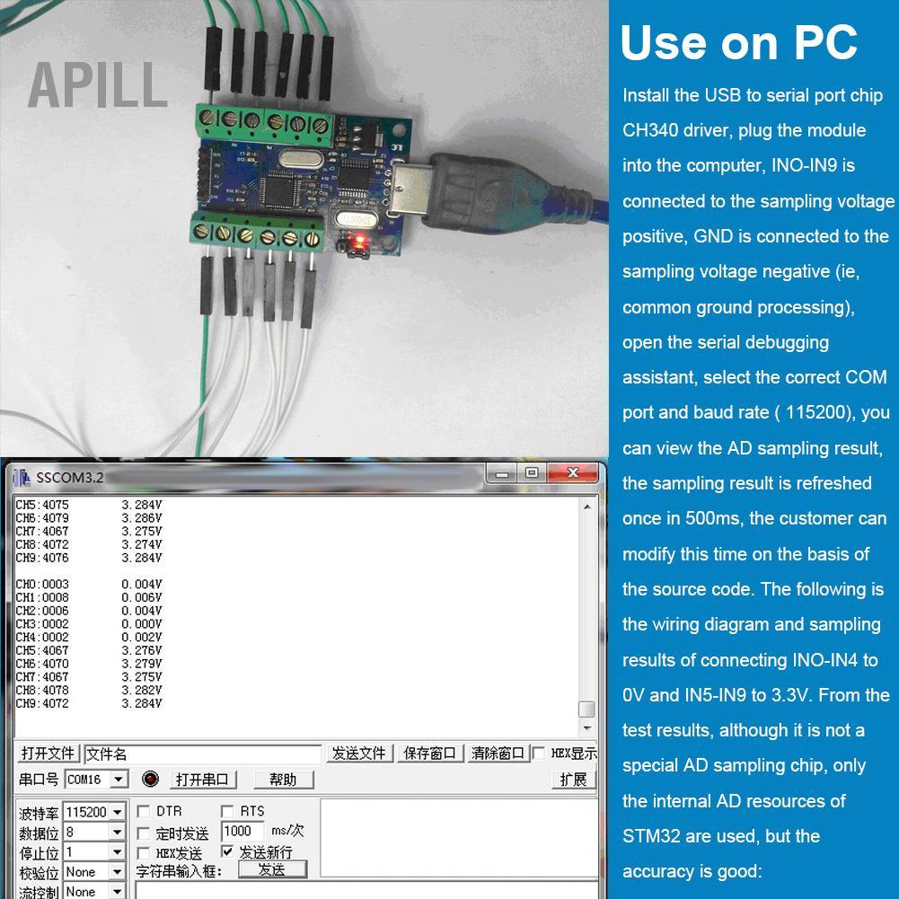 apill Giao diện mô-đun ADC thu thập dữ liệu USB mini Giao diện 10 kênh 12Bit STM32