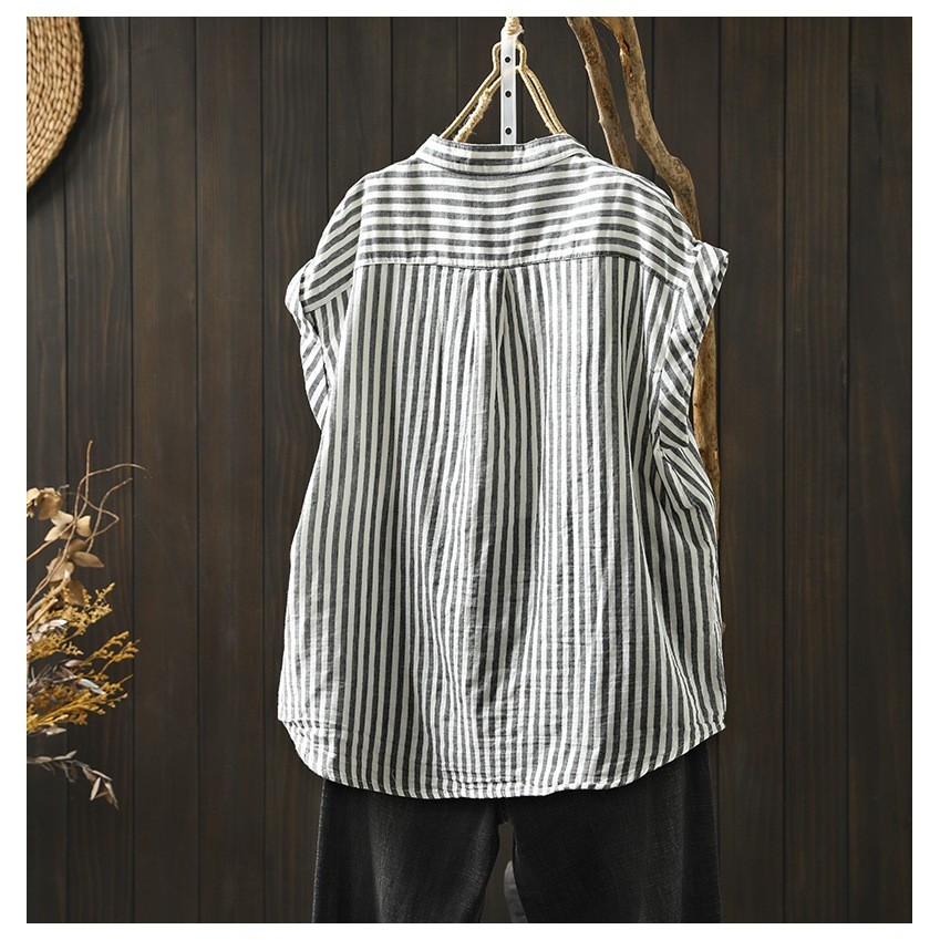 Quần áo mùa hè nữ phong cách Nhật Bản - Áo sơ mi cotton sọc kẻ tay ngắn thoáng mát