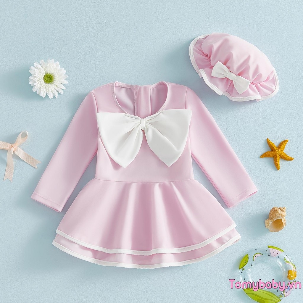 [lpDL] Đồ bơi Baby Girls Rash Guard Bộ đồ tắm phía trước nơ dài tay có mũ chống nắng