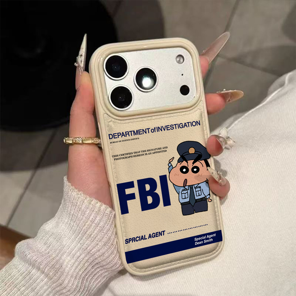 Ốp lưng Shin-chan Cảnh Sát FBI Đen Dễ Thương Chống Sốc Da Gai Thời Trang Cấp iPhone 17/16/15/14/13/12/11/X/XS Max Pro Ma