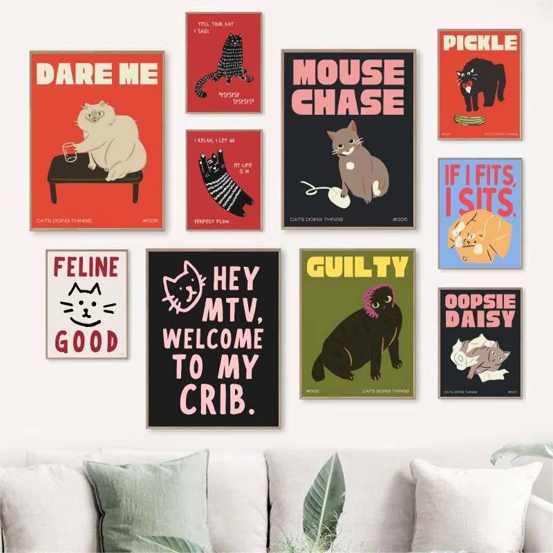 Modern Trendy Black Cat  Food Canvas Painting Cute Funny Animal Wall Art Art Home Wall Decor Canvas Poster