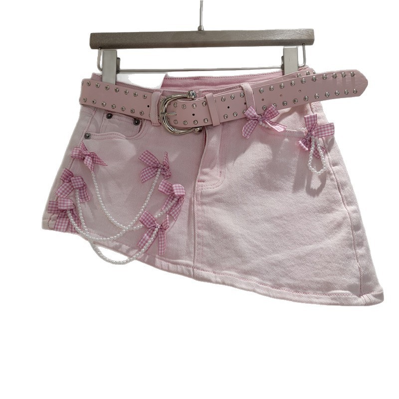 Phong Cách Dễ Thương Nơ Ngọc Trai Trang Trí Váy Denim Giảm Tuổi Nữ Mùa Xuân Mùa Hè Phong Cách Mới Váy Bất Đối Xứng