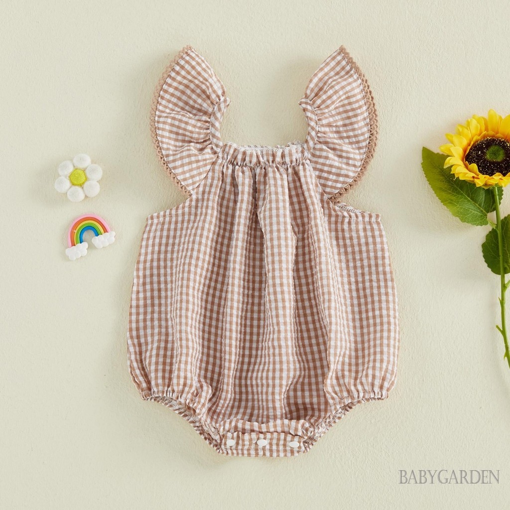 Bé Gái Kẻ Sọc Bong Bóng Romper Bay Tay Cổ Vuông Gingham Quần Áo Mùa Hè Dễ Thương