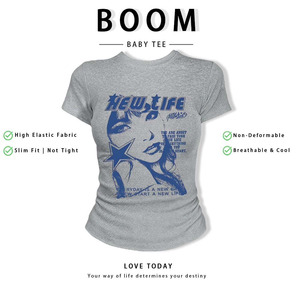 BOOM Áo Baby Tee Nữ Cotton Ôm Body-Áo Thun Ngắn Tay Y2K In Hình PhongCách Mùa Hè, Cổ Tròn Hàng Đầucách hàn quốc phongQ47