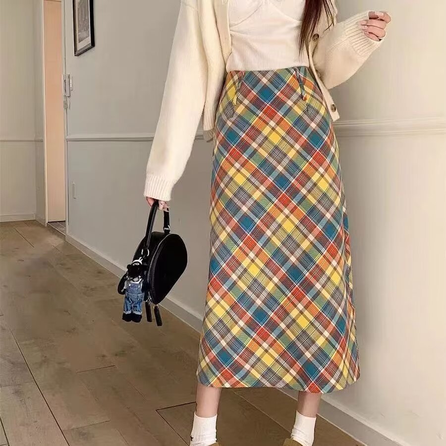 Váy kẻ sọc nhiều màu sắc nữ plus size, phong cách retro cao cấp hình dáng chữ A ôm body