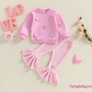 Bộ trang phục 2 món ngày lễ tình nhân cho bé gái Áo dài tay trang trí trái tim + Bộ quần loe lưng co giãn