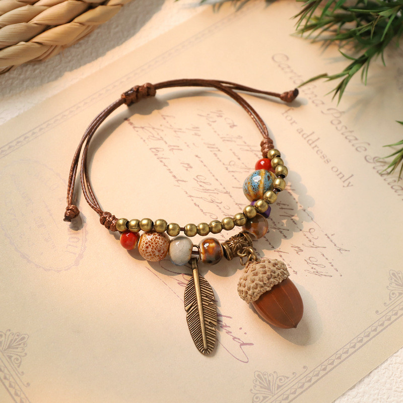 Vòng tay mori gốm được dệt tay từ tự nhiên với họa tiết thực vật và quả acorn, phong cách retro văn học mới dành cho nữ