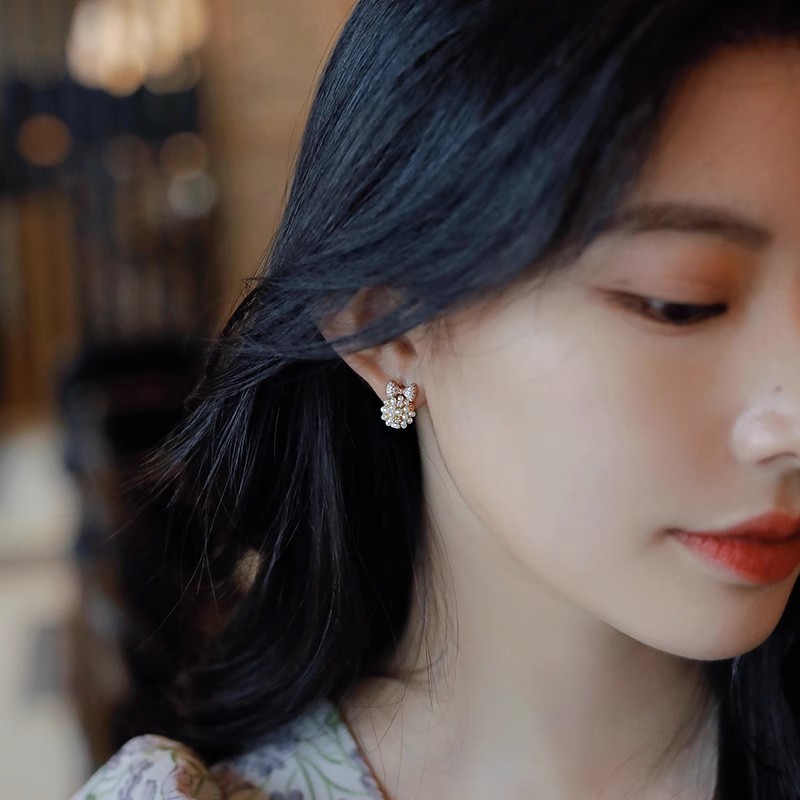 Bông Tai Nơ Ngọc Trai Đính Đá Zircon Phong Cách Hàn Quốc