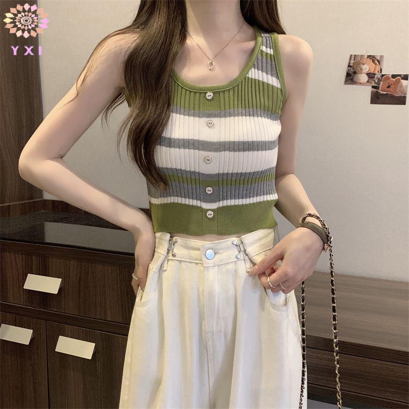 Áo Dệt Kim Mỏng Mùa Hè Phong Cách Hàn Quốc Với Sọc Tròn Và Nút