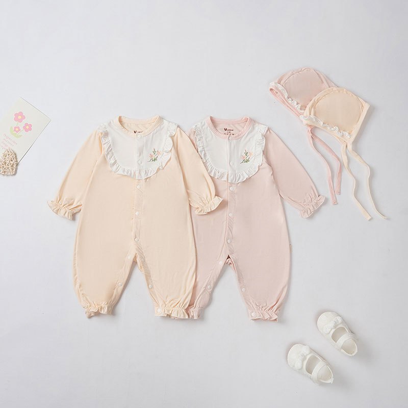 Body chip dài tay bé gái nhún ngực tặng kèm mũ - Unbee Body suit giữ ấm bụng cho bé 0-12 tháng