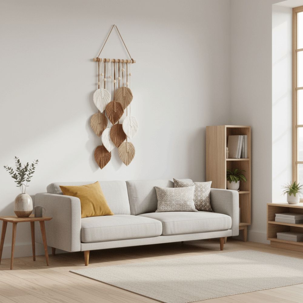 NEAVERLER Lá Macrame Treo Tường, Thảm Treo Tường Dệt Dây Cotton Phong Cách Boho, Màu Xanh Thẩm Mỹ 60x25cm Trang Trí Tường Bohemian Trang Trí Đám Cưới Nhà