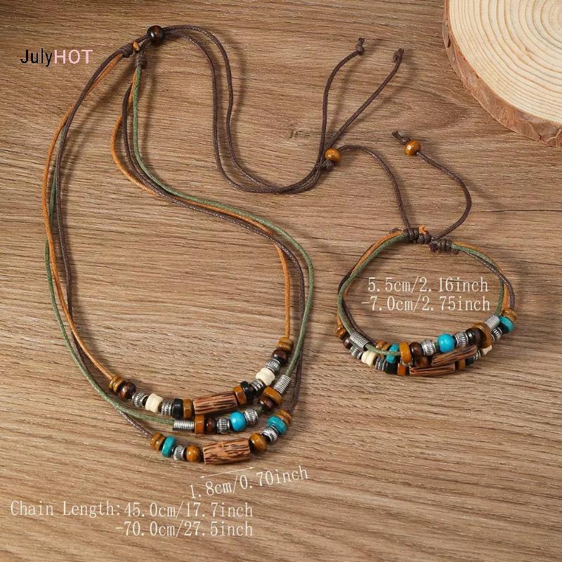JULY HOT - Bộ 2 Chiếc: Dây Chuyền Nhiều Lớp Hạt Gỗ và Bracelet Da Đính Hạt Phong Cách Vintage