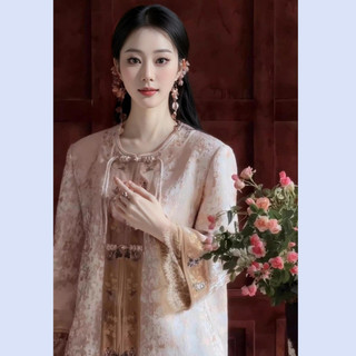 Bộ váy hai mảnh kiểu Trung Hoa cao cấp: áo khoác ren thêu jacquard dày dặn và chân váy ngắn cho Nữ