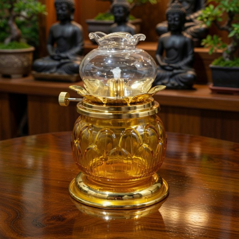 Đèn Dầu Thờ Cúng  - Đèn Lưu Ly Bằng Thủy Tinh Hình Hoa Sen / Quả Trám - Đèn Cúng Phật, Bàn Thần Tài, Gia Tiên [Đèn 052]