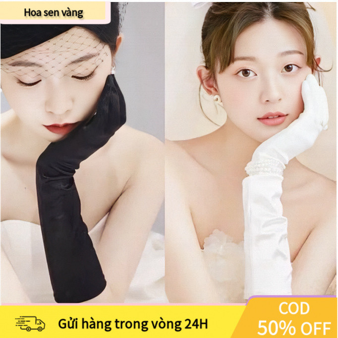 【COD】Găng tay nhung sa tanh màu kem trắng thanh lịch, dáng dài tay, thích hợp làm găng cưới cho cô dâu và phù dâu.
